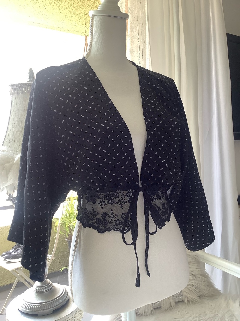 Love Tree Black Blouse with White Diamond Print